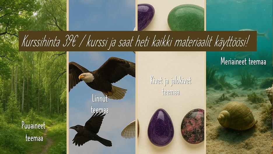 Teemakurssit homeopatiassa</p>
<p>Teemakurssit tarjoavat mielenkiintoisen matkan kukin kerrallaan omaan ”homeopatian teemaan”. Jokainen kurssi sisältää kyseistä teemasta symboliikkaa, kansanperinnettä, mahdollisesti tietoa mytologiastakin ja tietysti teemaan liittyvät yleiset havainnot lääkeainekokeista ja lääkeaineopista.</p>
<p>Lääkeaineiden kuvat avaavat näitä teemoja laajemmin ja tarjoavat kiehtovan tavan tutustua homeopatiaan tänä päivänä, sen avaamiin maailmankuviin ja näkökulmiin. Tule mukaan tutustumaan! Kurssien hinta on 39€/kpl ja maksun jälkeen saat videotallenteet ja materiaalit sekä keskustelualueet käyttöösi!</p>
<p>Kivet ja jalokivet<br />
Linnut<br />
Meriaineet<br />
Puuaineet<br />
Nisäkkäät<br />
Perhoset ja hyönteiset<br />
Mielen ja aistien lääkeryhmä
